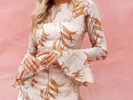 Adalia Long Sleeve Flared Cuff Dress Leaf Print Beige Sale