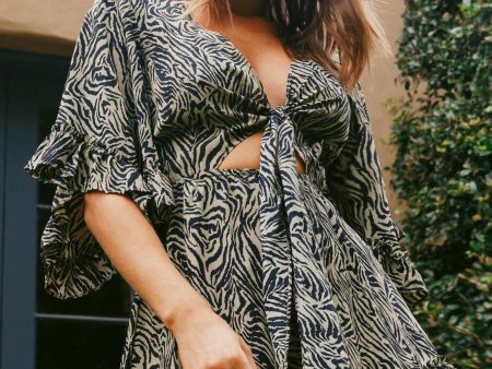 Athira Tied Bust Flared Sleeve Romper Zebra Print Black Olive Online now