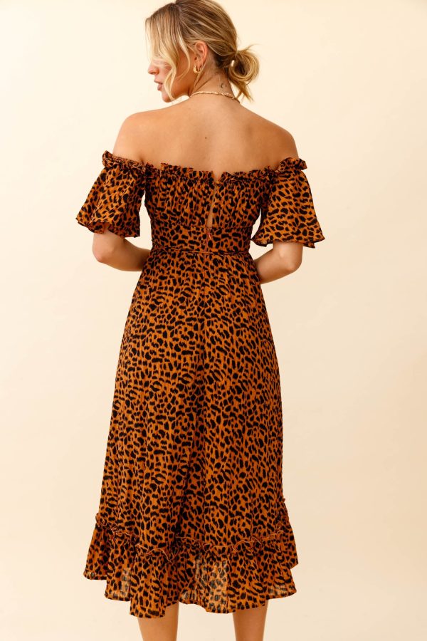 Voyager Off-Shoulder Bell Sleeve Midi Dress Leopard Print Brown Online Sale