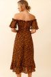 Voyager Off-Shoulder Bell Sleeve Midi Dress Leopard Print Brown Online Sale