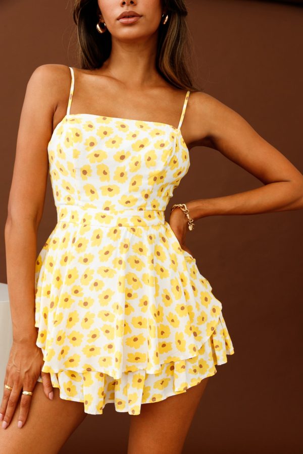 Alexandria Square Neckline Tie Back Romper Sunflower Print Yellow on Sale