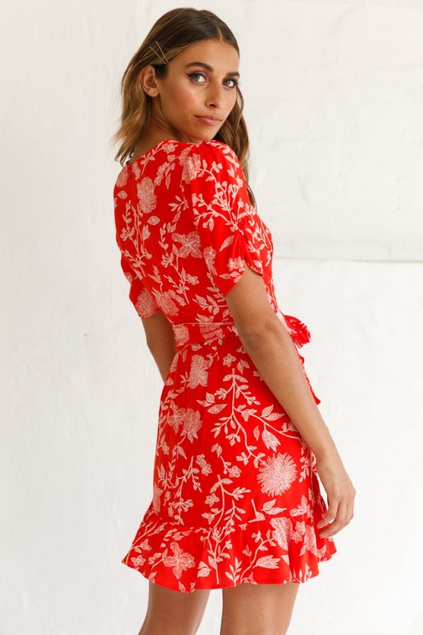 Wonderland Wrap Front Tea Dress Floral Print Red For Cheap