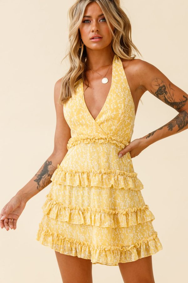 Venezuela Ruffle Trim Tie-Back Halterneck Dress Floral Print Yellow White Discount