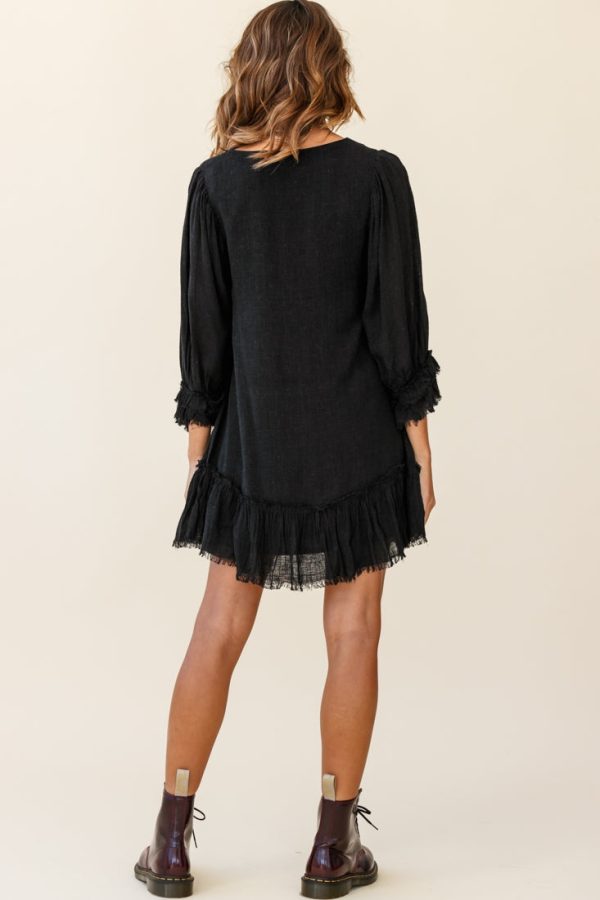 Amala Balloon Sleeve Button Detail Linen Dress Black Supply