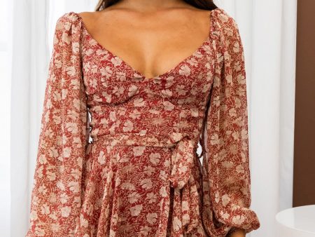 True Love Long Balloon Sleeve Layered Flounce Romper Floral Print Wine Online now