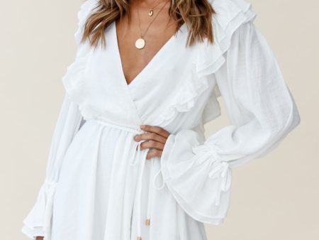 Adina Fluted Long Sleeve Frill Detail Dress White Online