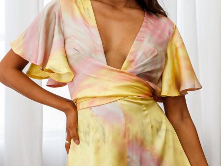 Unconditional Plunging Wrap Style Romper Marbled Tie Dye Pink Yellow Fashion