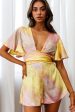 Unconditional Plunging Wrap Style Romper Marbled Tie Dye Pink Yellow Fashion