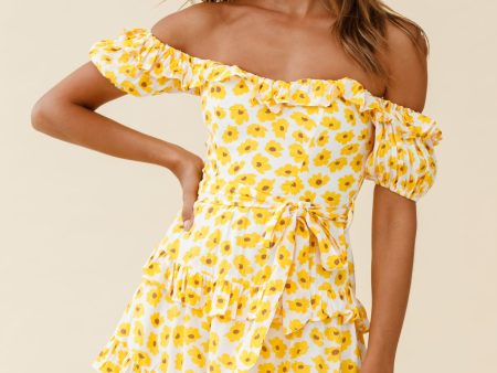 Tulsa Off Shoulder Waist Tie Frill Romper Floral Print White Yellow Sale