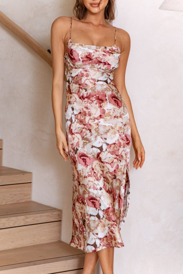 Well Versed Pleated Bust Front Split Dress Floral Abstract Print Rose Online Sale