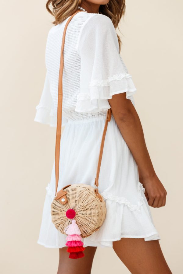 Tulum Woven Circle Tassel Trim Bag Pink Online Hot Sale