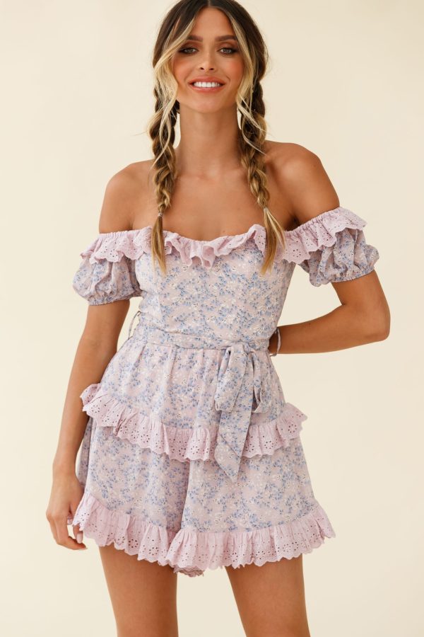 Tulsa Off Shoulder Waist Tie Frill Romper Floral Print Pink Online Sale