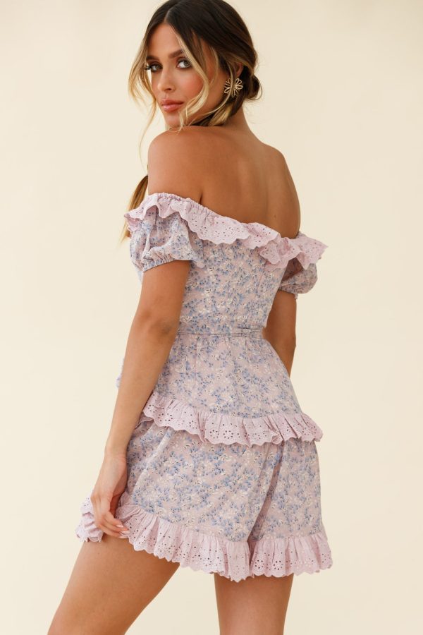 Tulsa Off Shoulder Waist Tie Frill Romper Floral Print Pink Online Sale