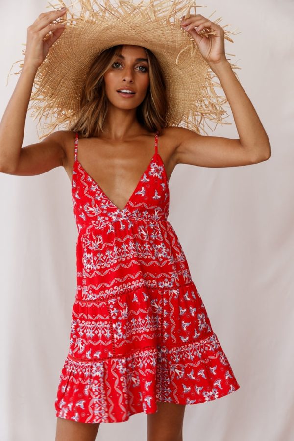 Ariya V-Neckline Frill Hem Sun Dress Red Print Online now