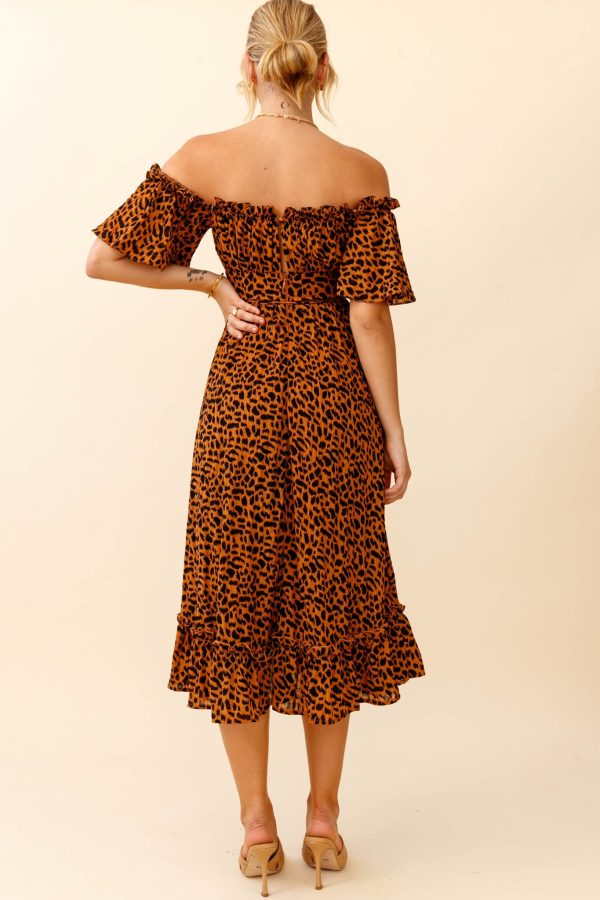 Voyager Off-Shoulder Bell Sleeve Midi Dress Leopard Print Brown Online Sale