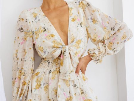 Anthea Bow-Tie Front Layered Frill Dress Vintage Floral Print Beige Cheap