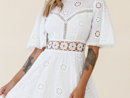 Anais Fluted Sleeve Exposed Back Broderie Anglaise Dress White For Cheap