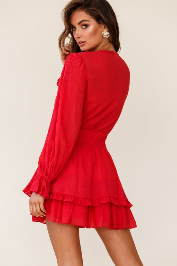 Anthea Bow-Tie Front Layered Frill Dress Red Online now