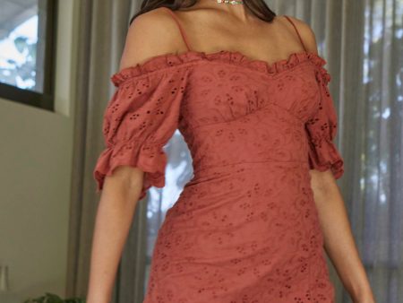 Toluca Puff Sleeve Frill Trim Eyelet Dress Rust Sale