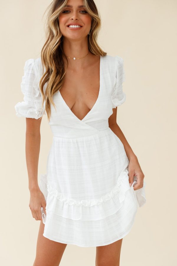 Andes Puff Sleeve Key-Hole Back Dress White Fashion