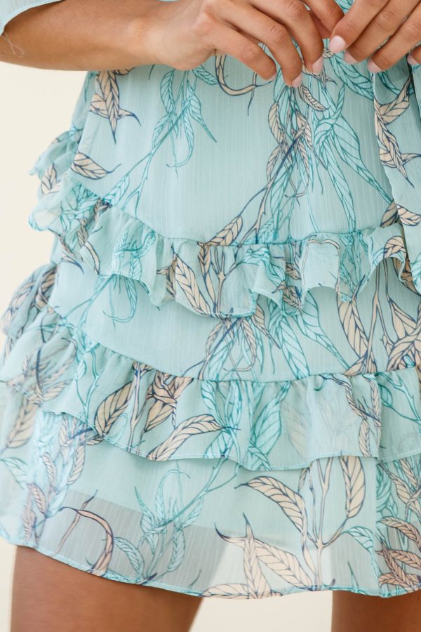 Time Will Tell Angel Sleeve Frill Detail Dress Leaf Print Mint Online now