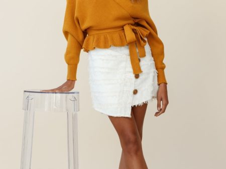 Venetian Faux Placket Frayed Wrap Mini Skirt White on Sale