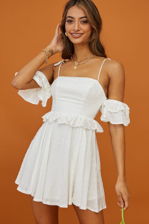 Wayside String Tie Strap Lace Trim Mini Dress White For Sale