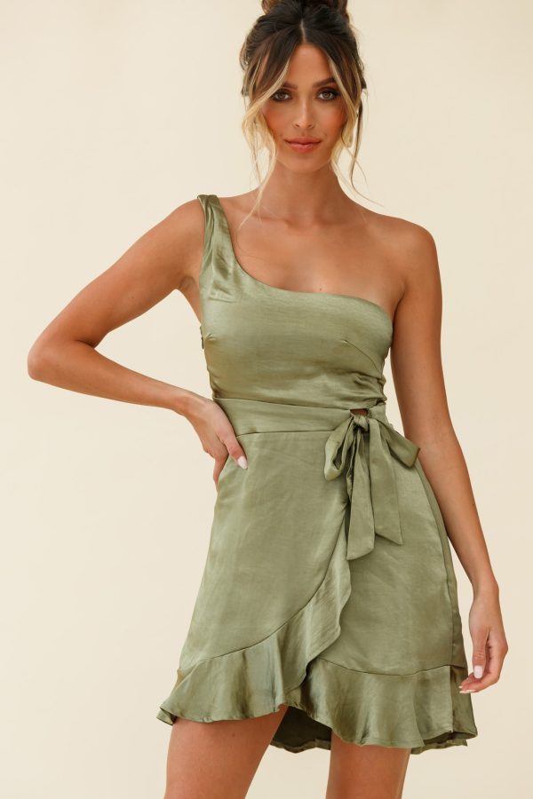 Waiting For Tonight One Shoulder Faux Wrap Dress Olive Online Hot Sale