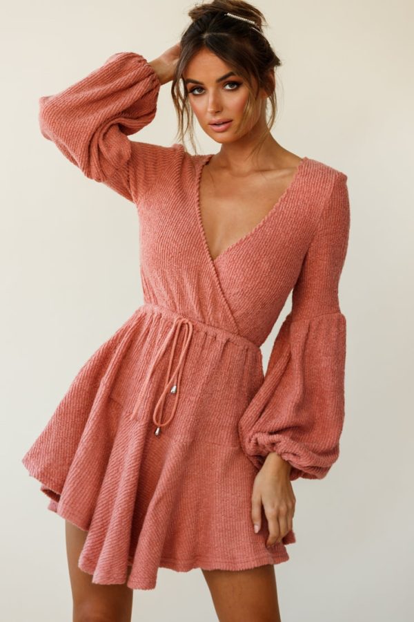 Annalise Long Sleeve Drawstring Knit Dress Rose For Cheap