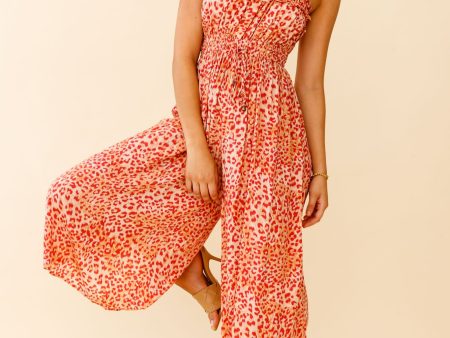 Weekend Escape Cami Strap Drawstring Jumpsuit Animal Print Orange Sale