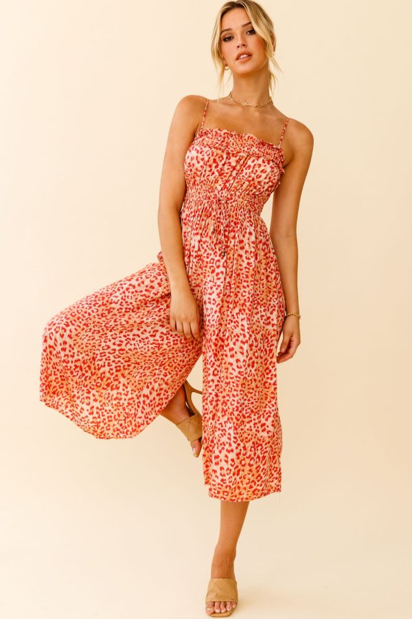 Weekend Escape Cami Strap Drawstring Jumpsuit Animal Print Orange Sale