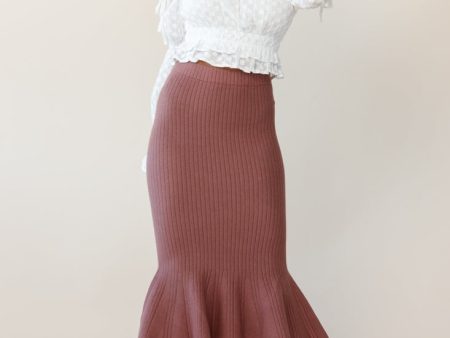 Shalon Ribbed Knit Fluted Hem Midi Skirt Antique Rose on Sale