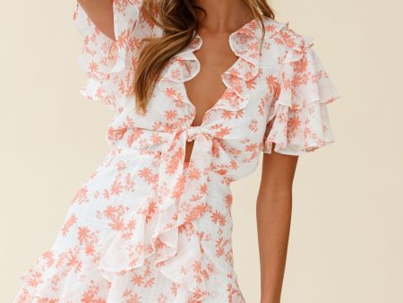 Aubrey Tied Bust Ruffle Trim Dress Floral Print Pink Fashion