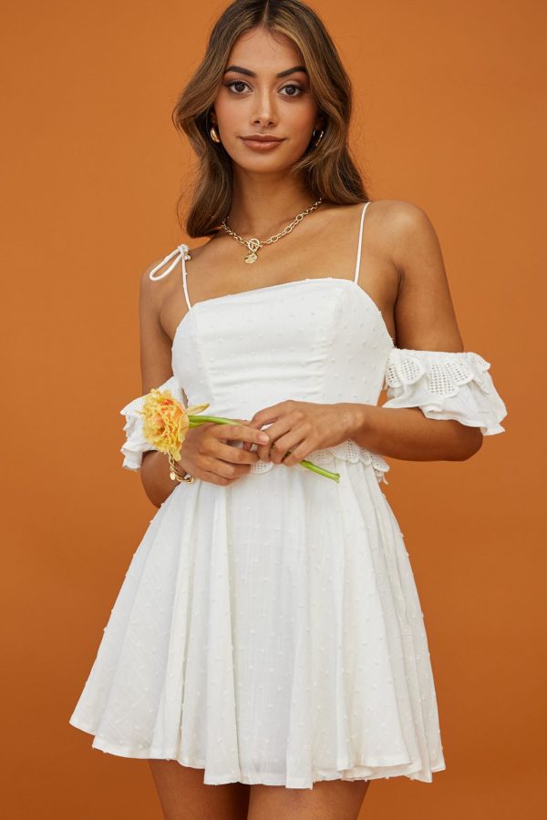 Wayside String Tie Strap Lace Trim Mini Dress White For Sale