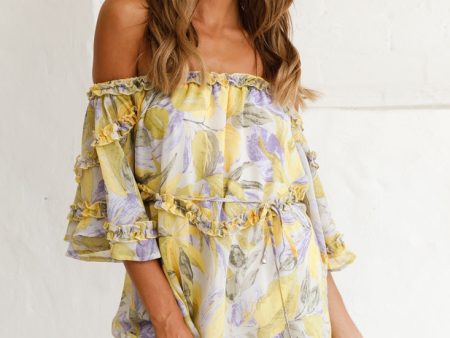 Adriel Off-Shoulder Frill Detail Dress Leaf Print White Yellow Discount