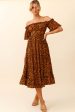 Voyager Off-Shoulder Bell Sleeve Midi Dress Leopard Print Brown Online Sale