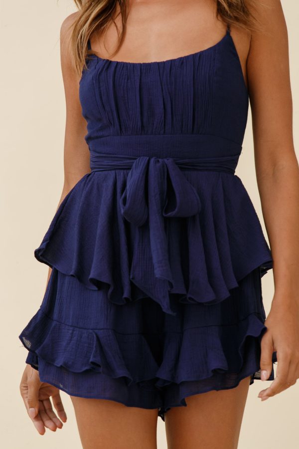 Wendy Ruched Bust Layered Ruffle Romper Navy Online Sale