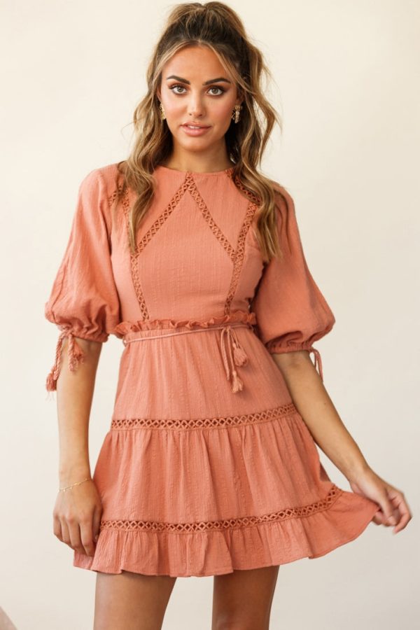 Antonia Half Puff Sleeve Crochet Detail Dress Rose Cheap