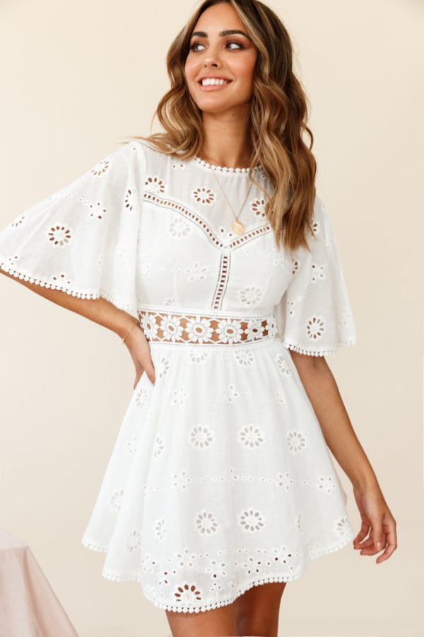 Anais Fluted Sleeve Exposed Back Broderie Anglaise Dress White For Cheap