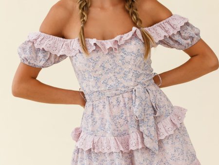 Tulsa Off Shoulder Waist Tie Frill Romper Floral Print Pink Online Sale