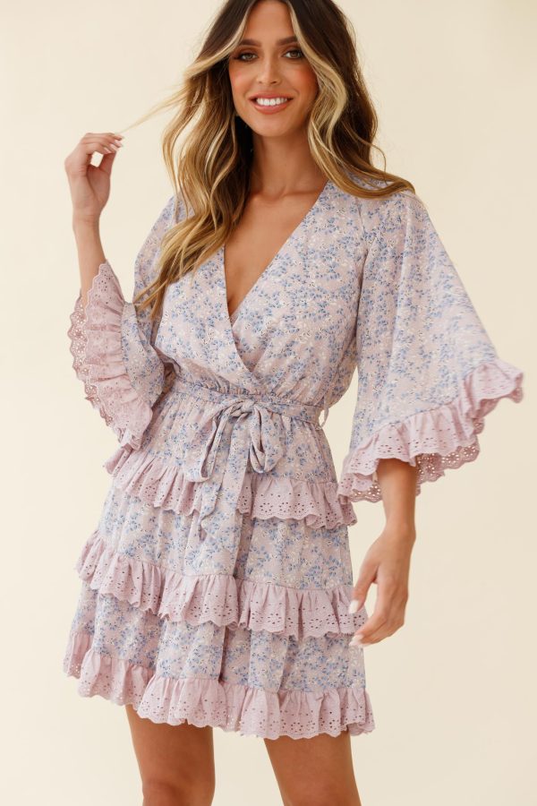 Tulsa 3 4 Sleeve Waist Tie Frill Dress Floral Print Pink Online now