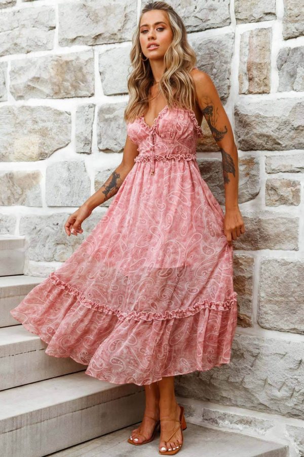 Anyah Frill Detail Tie Back Maxi Dress Paisley Print Pink Hot on Sale