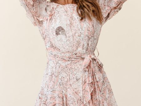 Angelini Long Sleeve Waist Tie Dress Floral Print Pink Hot on Sale