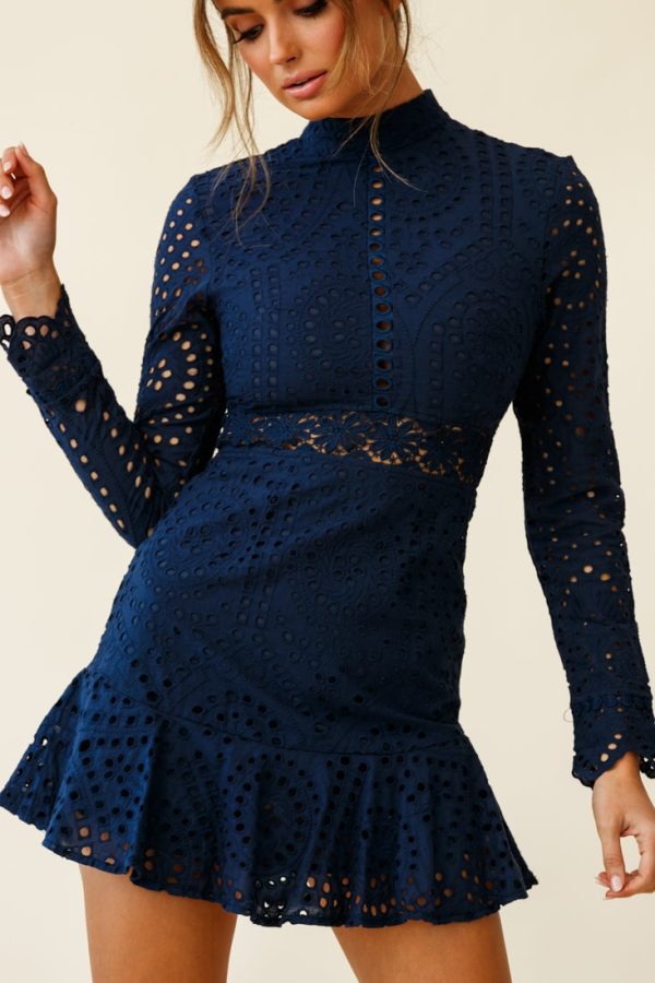 Anglaise Embroidered Long Sleeve Turtleneck Dress Navy Sale