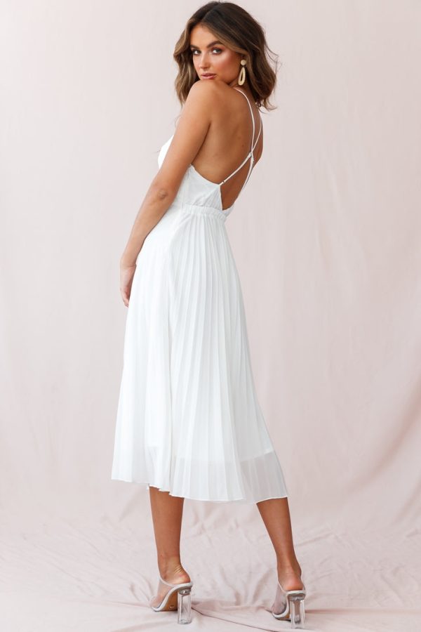 Artemis Accordion Pleat Strappy Back Midi Dress White Sale