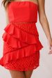 Aramis Strapless Lace & Ruffle Detail Dress Red For Sale