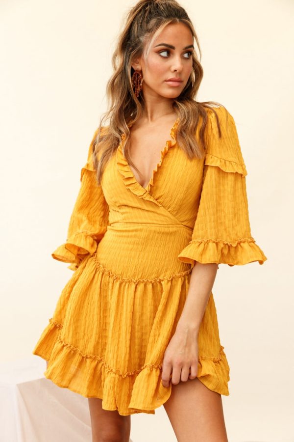 Albany Lace Up Back Frill Dress Shirred Mustard For Discount