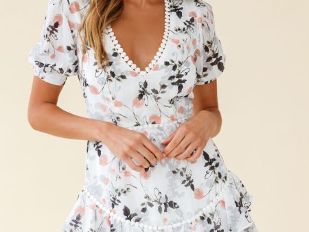 Think About It Puff Sleeve Layered Ruffle Dress Floral Print White Hot on Sale