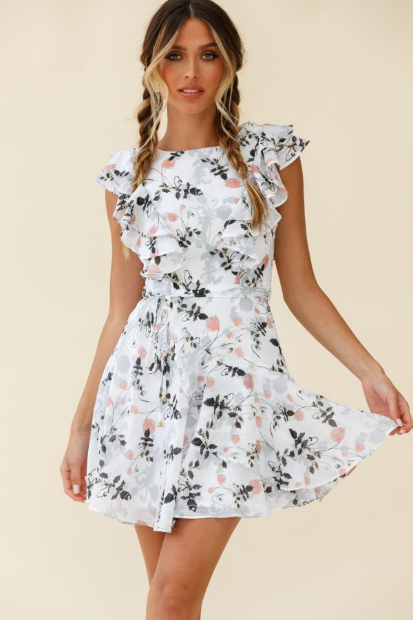 Wilton Ruffle Shoulder A-Line Dress Floral Print White Sale