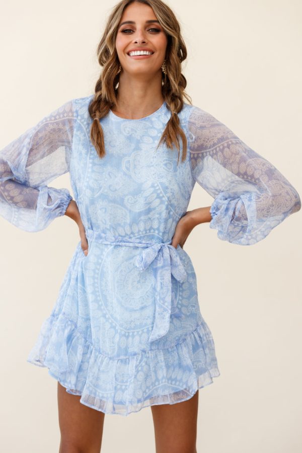 Always & Forever Long Balloon Sleeve Crew Neck Dress Paisley Print Blue For Discount